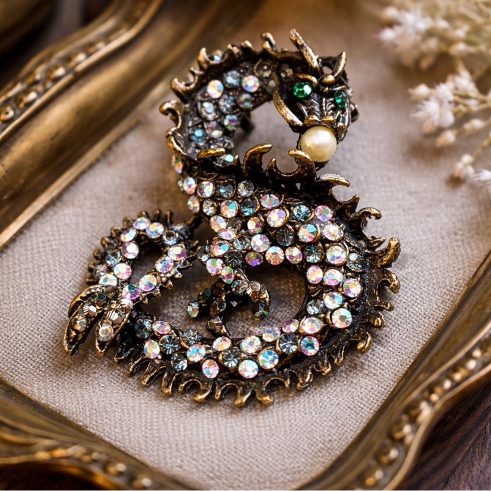 Vintage Rhinestone Dragon Brooch Pendant AB Crystals Japanned Metal Mythical